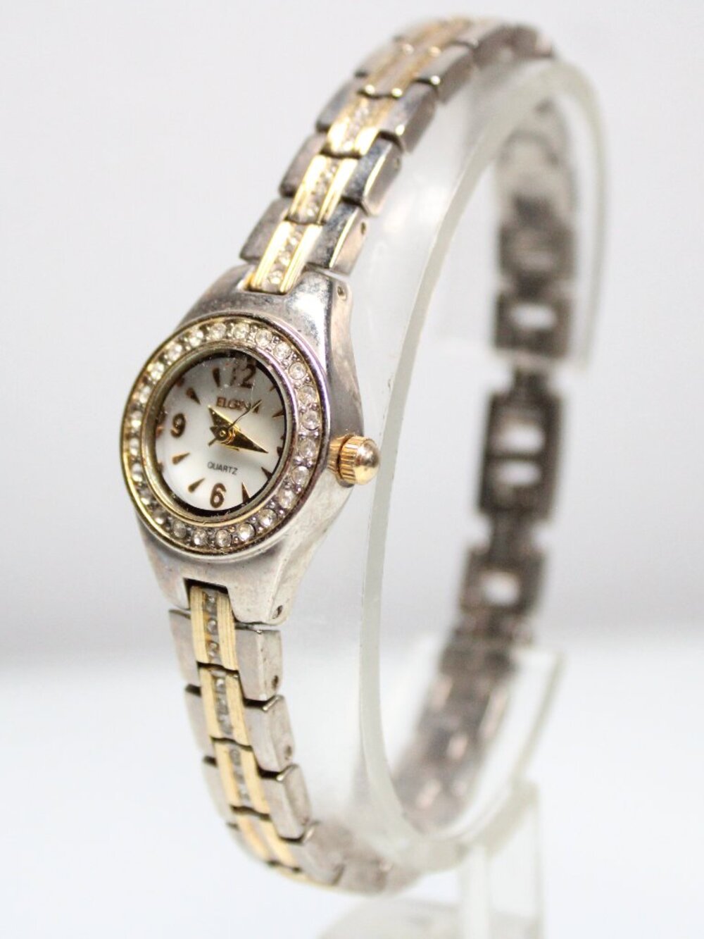 Elgin Women's Quartz Watch Two Tone Crystal Bezel White Dial Bracelet
